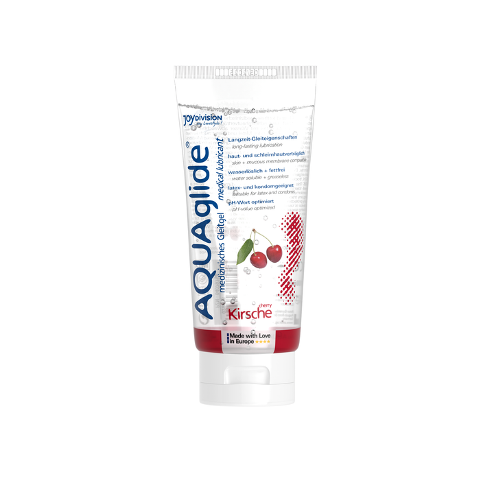 Aquaglide lubricant tube with cherry flavor on a white background