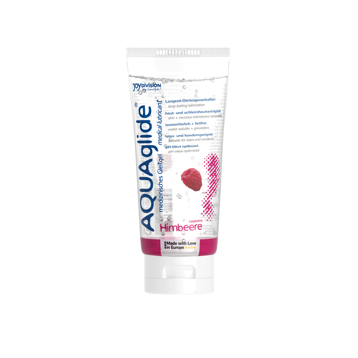 Aquaglide Lubricant tube with raspberry flavor on a white background