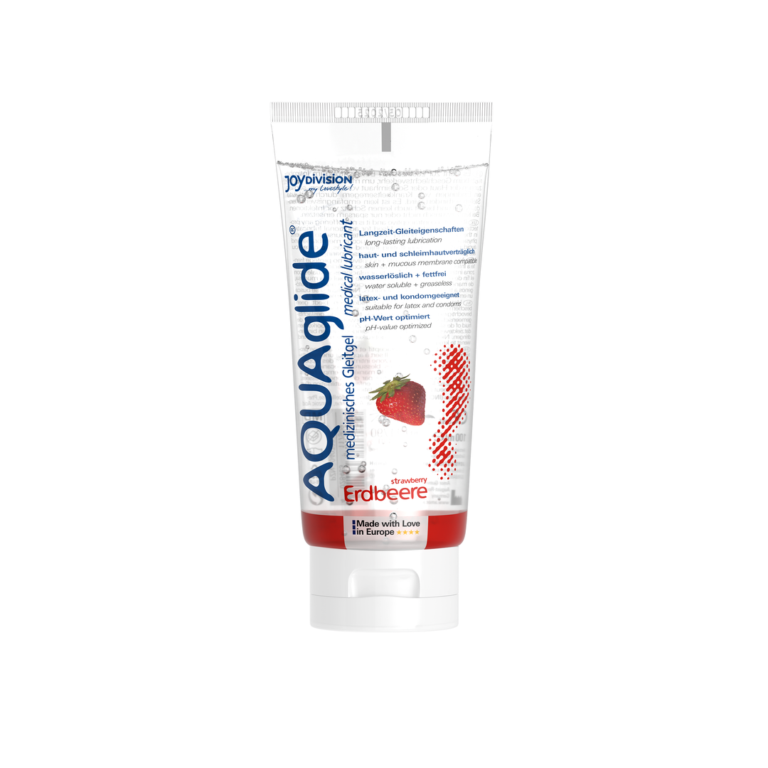 Aquaglide strawberry-flavored lubricant packaging on a white background
