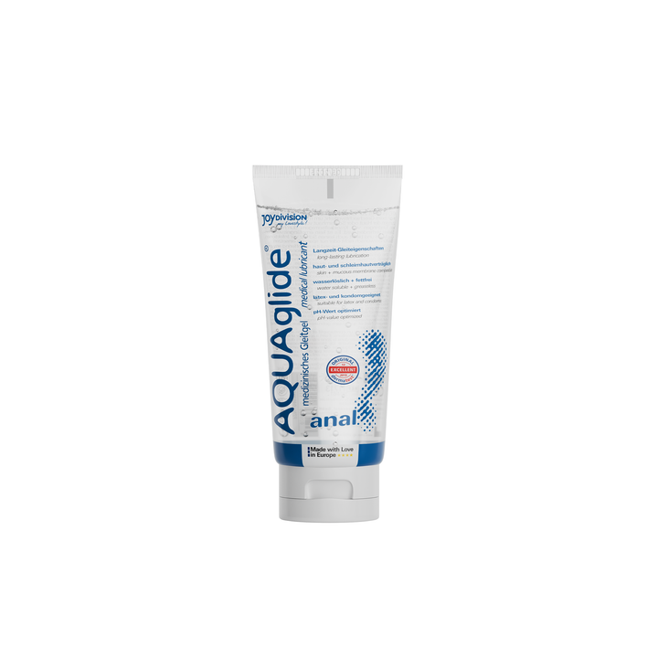 Tube of Aquaglide Anal lubricant on a white background