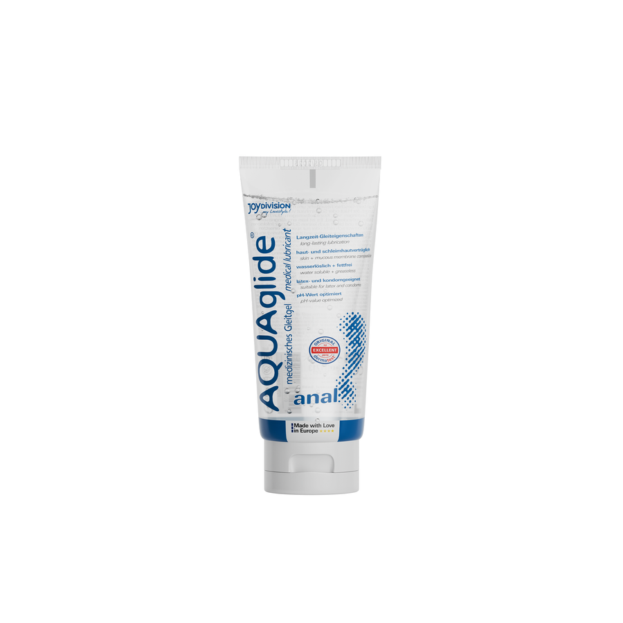 Tube of Aquaglide Anal lubricant on a white background
