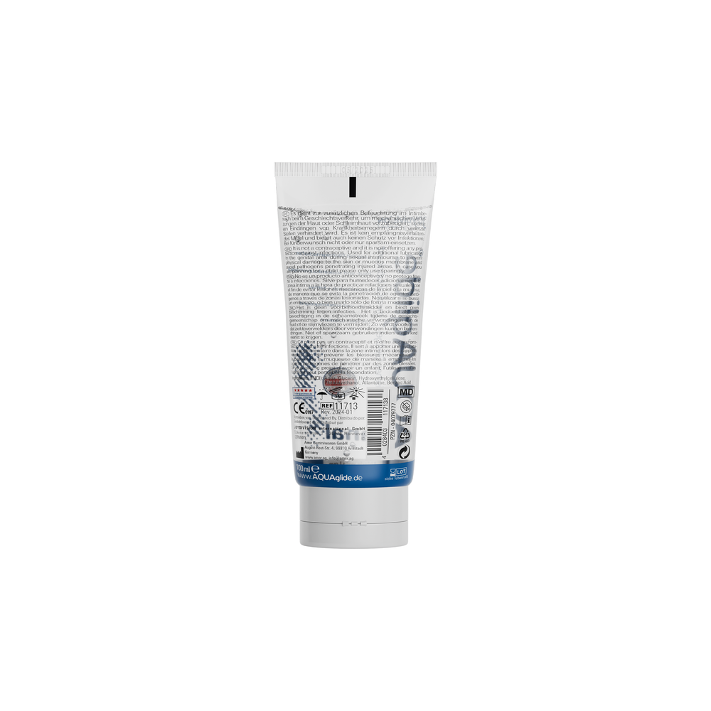 Back of tube of AQUAglide anal with label on a white background