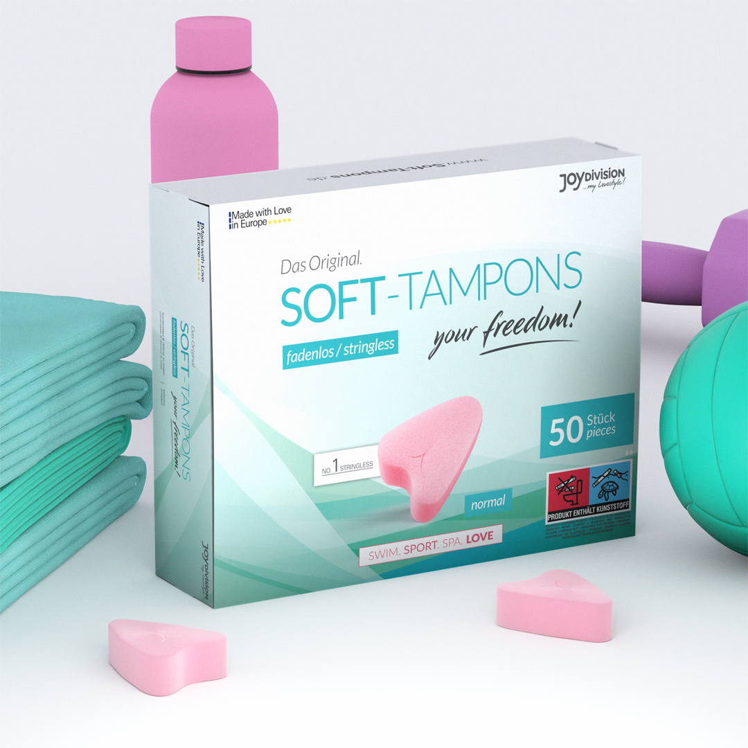 Box of soft-tampons with pink tampons and a water bottle on a white background