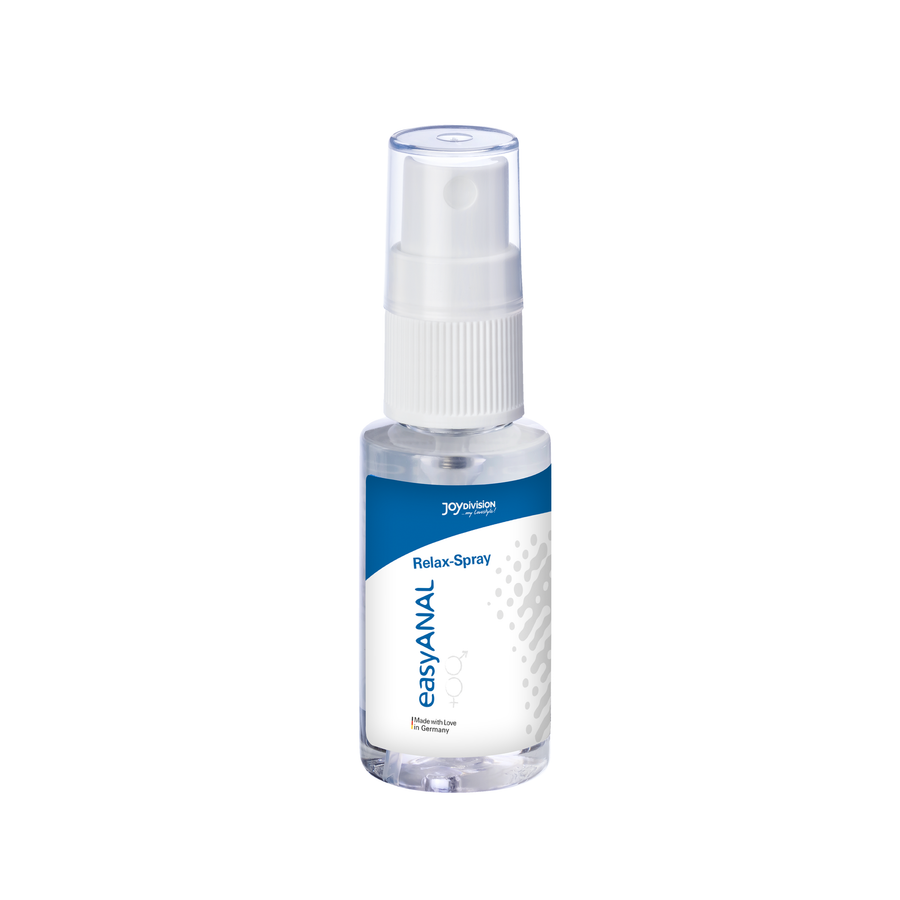 Clear spray bottle with blue and white label on a white background